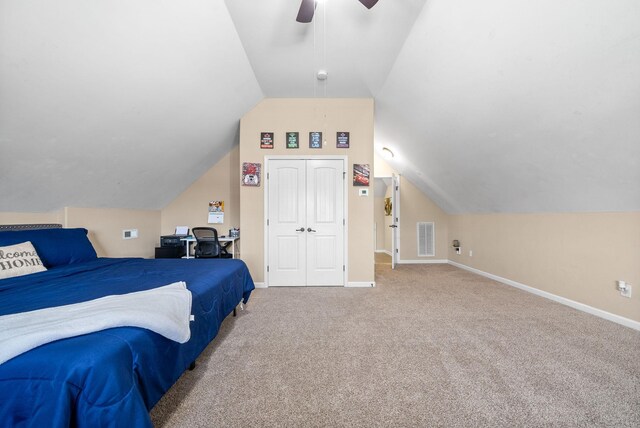 3351 Cotham Ln, Clarksville, TN 37042 - carpeted bedroom featuring lofted ceiling, a ceiling fan, and a closet