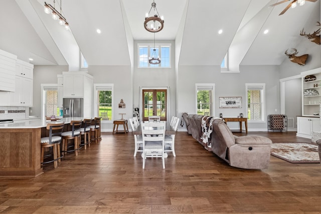 5247 Flat Creek Rd, Spring Hill, TN 37174 - dining area featuring high vaulted ceiling, a chandelier, dark wood-style floors, recessed lighting, and a ceiling fan