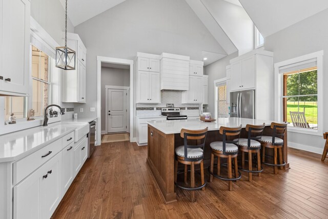5247 Flat Creek Rd, Spring Hill, TN 37174 - kitchen with stainless steel appliances, premium range hood, a kitchen island, white cabinets, and light countertops