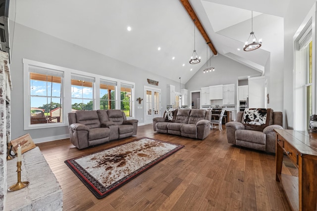 5247 Flat Creek Rd, Spring Hill, TN 37174 - living room featuring a chandelier, beam ceiling, hardwood / wood-style flooring, high vaulted ceiling, and recessed lighting