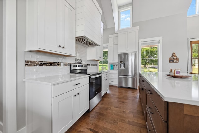 5247 Flat Creek Rd, Spring Hill, TN 37174 - kitchen with stainless steel appliances, custom range hood, dark wood-style floors, white cabinetry, and a towering ceiling
