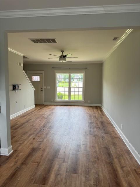 2747 Candlewick Ct, Murfreesboro, TN 37127 - unfurnished living room featuring wood finished floors, a ceiling fan, and crown molding