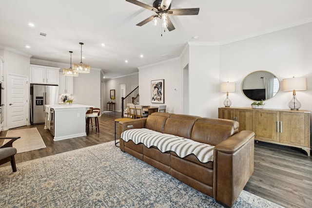 1434 Autumn Leaf Ln, Mount Juliet, TN 37122 - living area featuring dark wood finished floors, crown molding, stairway, a ceiling fan, and recessed lighting