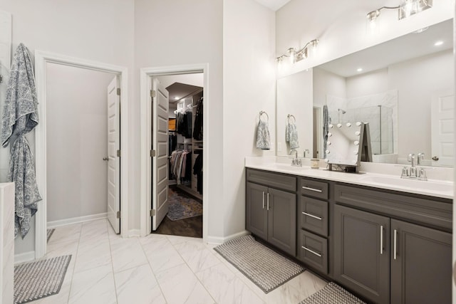 1434 Autumn Leaf Ln, Mount Juliet, TN 37122 - full bath with double vanity, marble look tile flooring, a shower stall, and a spacious closet