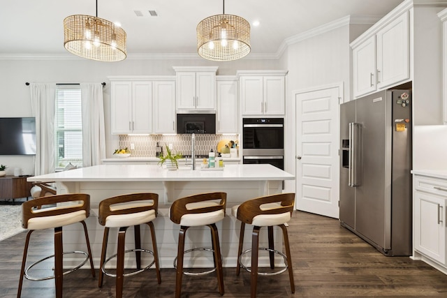 1434 Autumn Leaf Ln, Mount Juliet, TN 37122 - kitchen with appliances with stainless steel finishes, light countertops, a chandelier, white cabinetry, and ornamental molding