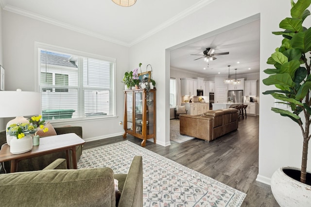 1434 Autumn Leaf Ln, Mount Juliet, TN 37122 - living area featuring dark wood-style flooring, crown molding, plenty of natural light, ceiling fan, and recessed lighting