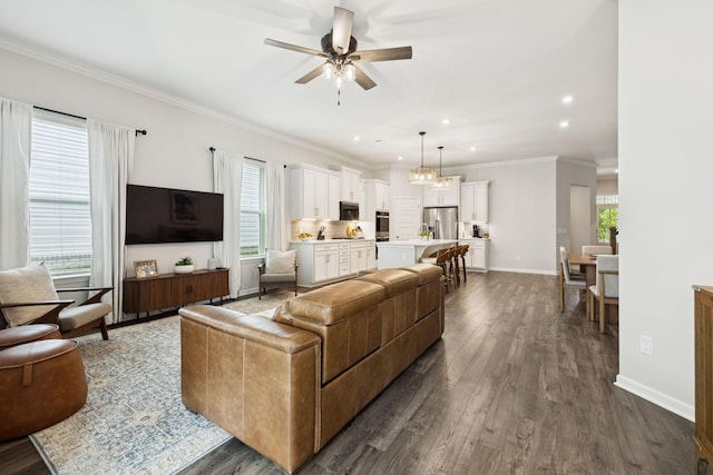 1434 Autumn Leaf Ln, Mount Juliet, TN 37122 - living room with a ceiling fan, dark wood-style flooring, ornamental molding, recessed lighting, and a chandelier