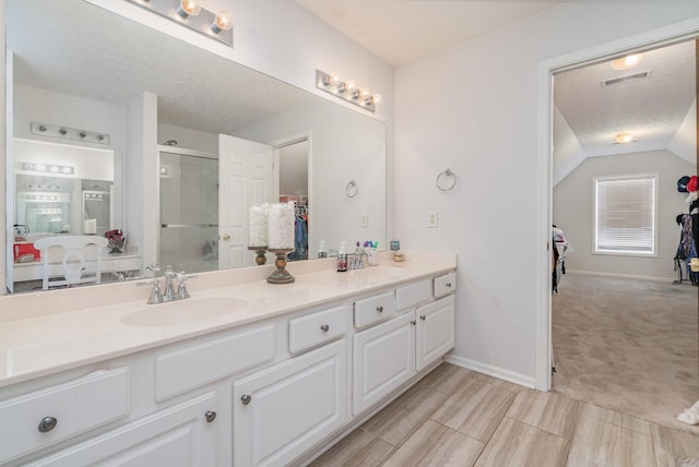 982 Chesire Way, Gallatin, TN 37066 - bathroom with double vanity, a walk in closet, a shower with door, and vaulted ceiling