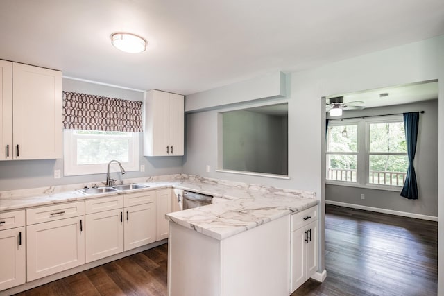 13989 Owens Chapel Rd, Springfield, TN 37172 - kitchen featuring dark wood-style flooring, white cabinets, a peninsula, and ceiling fan