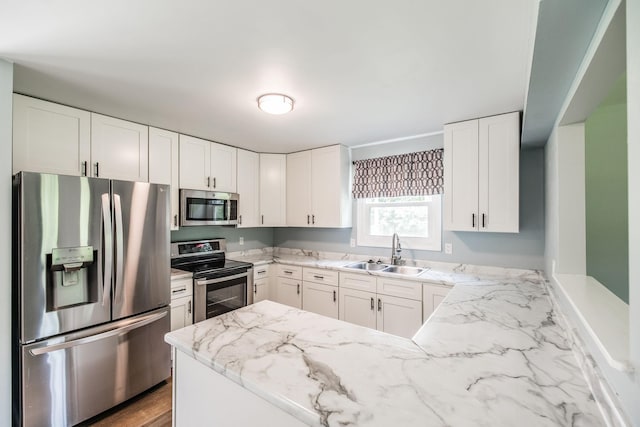 13989 Owens Chapel Rd, Springfield, TN 37172 - kitchen featuring appliances with stainless steel finishes, a peninsula, light stone counters, and white cabinetry