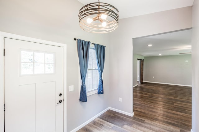 13989 Owens Chapel Rd, Springfield, TN 37172 - foyer featuring healthy amount of natural light, a chandelier, wood finished floors, a barn door, and recessed lighting