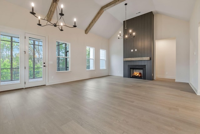 5743 Sagebrush Dr, Murfreesboro, TN 37129 - unfurnished living room with a chandelier, high vaulted ceiling, a fireplace, light wood finished floors, and beamed ceiling