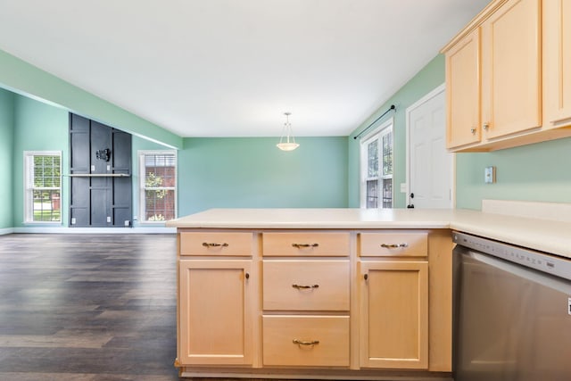 3406 Meadowhill Dr, Murfreesboro, TN 37130 - kitchen with dishwasher, light brown cabinets, a peninsula, dark wood-style floors, and healthy amount of natural light