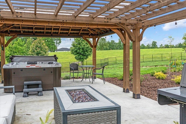 180 Jasper Springs Dr, Jasper, TN 37347 - fenced backyard with a fire pit, a patio area, a rural view, and a pergola