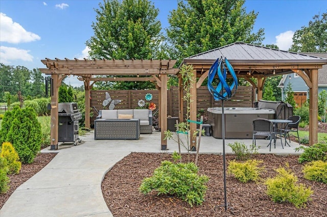 180 Jasper Springs Dr, Jasper, TN 37347 - view of patio / terrace featuring a hot tub, outdoor lounge area, a grill, a gazebo, and a pergola