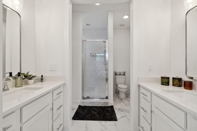 234 Sounder Cir, La Vergne, TN 37086 - bathroom with marble look tile flooring, two vanities, a shower stall, and recessed lighting