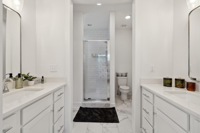 234 Sounder Cir, La Vergne, TN 37086 - bathroom with marble look tile flooring, two vanities, a stall shower, and recessed lighting