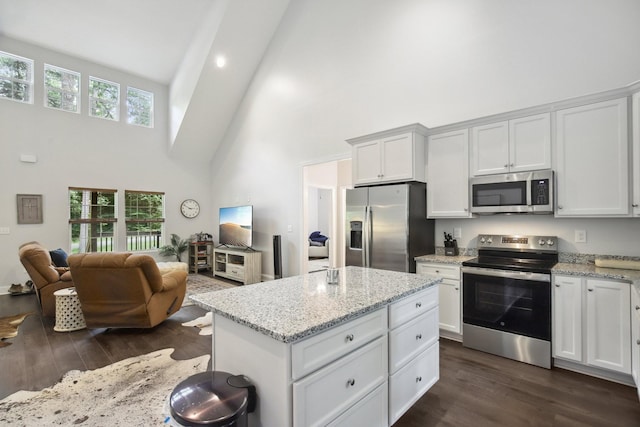 122 Deerwood Ct, Dickson, TN 37055 - kitchen with stainless steel appliances, high vaulted ceiling, dark wood-style floors, light stone countertops, and open floor plan