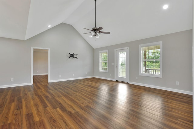 288 Springwater Dr, Summertown, TN 38483 - unfurnished living room with a ceiling fan, lofted ceiling, dark wood finished floors, and recessed lighting
