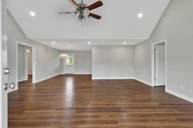 288 Springwater Dr, Summertown, TN 38483 - unfurnished living room with lofted ceiling, ceiling fan, dark wood finished floors, recessed lighting, and a chandelier