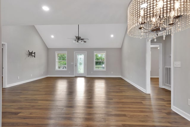 288 Springwater Dr, Summertown, TN 38483 - unfurnished living room with vaulted ceiling, a chandelier, a ceiling fan, dark wood-style flooring, and recessed lighting