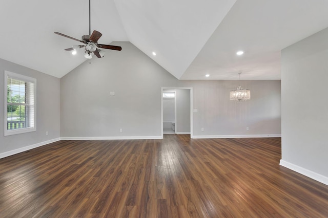 288 Springwater Dr, Summertown, TN 38483 - empty room with a chandelier, lofted ceiling, ceiling fan, recessed lighting, and dark wood finished floors