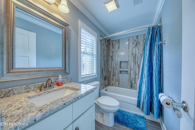 2023 Legacy Ln, Maryville, TN 37803 - bathroom featuring vanity, shower / bath combination with curtain, wood finished floors, and ornamental molding