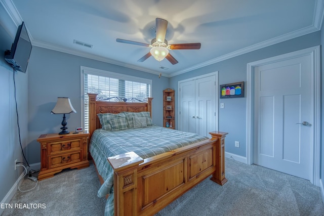 2023 Legacy Ln, Maryville, TN 37803 - bedroom featuring light carpet, a closet, ornamental molding, and ceiling fan