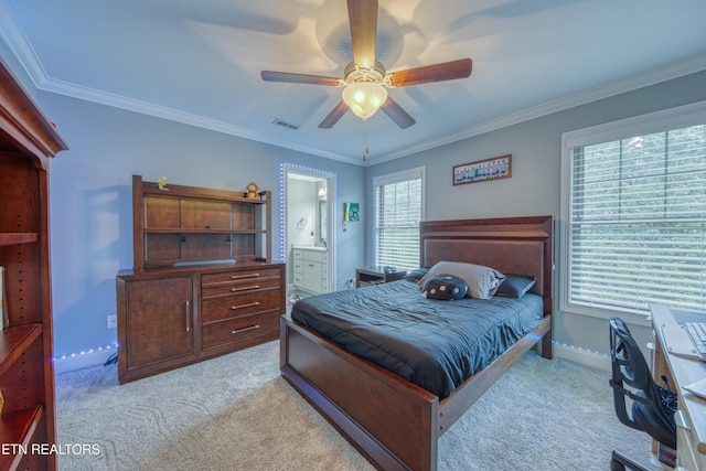 2023 Legacy Ln, Maryville, TN 37803 - bedroom with light colored carpet, ornamental molding, ensuite bathroom, and ceiling fan