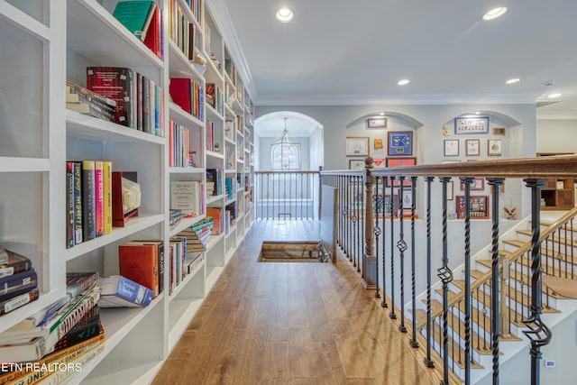 2023 Legacy Ln, Maryville, TN 37803 - corridor with ornamental molding, a chandelier, arched walkways, wood finished floors, and recessed lighting