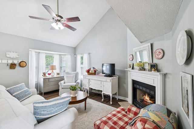 306 Norvich Ct, Franklin, TN 37069 - living area with high vaulted ceiling, wood finished floors, a fireplace with flush hearth, and ceiling fan
