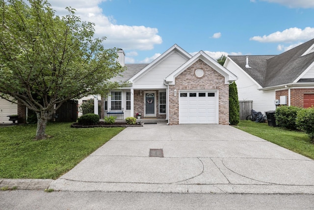 306 Norvich Ct, Franklin, TN 37069 - view of front facade with brick siding, driveway, an attached garage, a front lawn, and a chimney