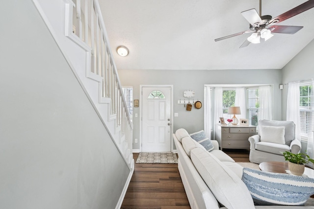 306 Norvich Ct, Franklin, TN 37069 - foyer entrance featuring dark wood-style floors, stairway, vaulted ceiling, and ceiling fan