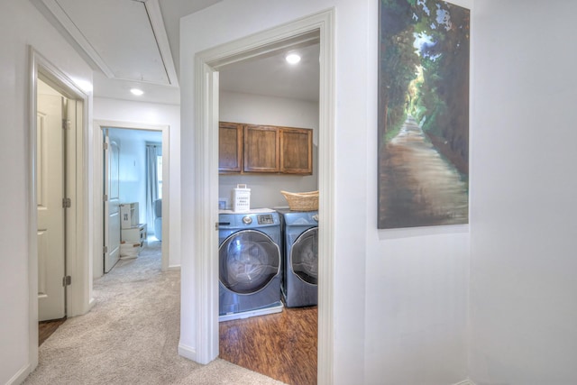 3105 Defilade Dr, Murfreesboro, TN 37128 - laundry area with washer and dryer, attic access, light carpet, recessed lighting, and cabinet space