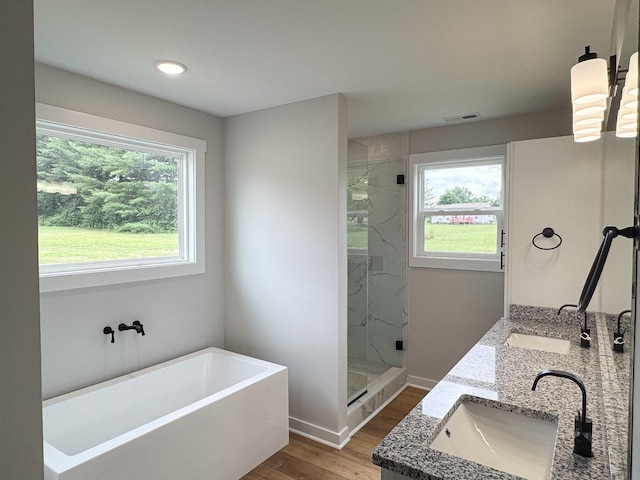 825B College St, Portland, TN 37148 - bathroom with a marble finish shower, a bath, wood finished floors, double vanity, and recessed lighting