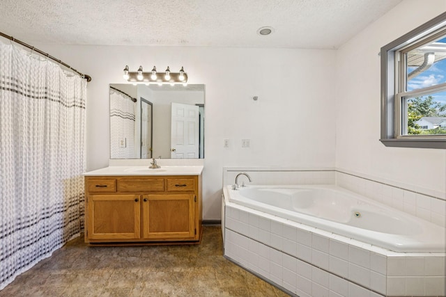 5531 Willow Oak Dr, Baxter, TN 38544 - full bathroom featuring a textured ceiling, a garden tub, vanity, and a shower with shower curtain