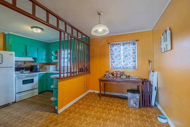 404 Mullican St, Mcminnville, TN 37110 - kitchen with white appliances, under cabinet range hood, ornamental molding, and hanging light fixtures