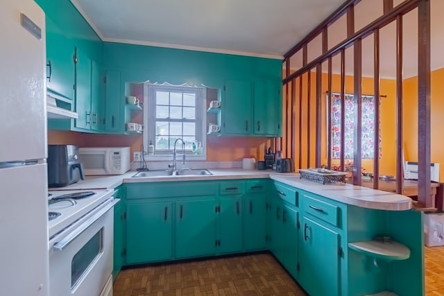 404 Mullican St, Mcminnville, TN 37110 - kitchen with open shelves, white appliances, a peninsula, light countertops, and ventilation hood