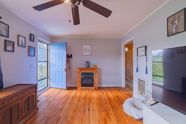 404 Mullican St, Mcminnville, TN 37110 - foyer with a glass covered fireplace, a ceiling fan, light wood-style floors, and ornamental molding