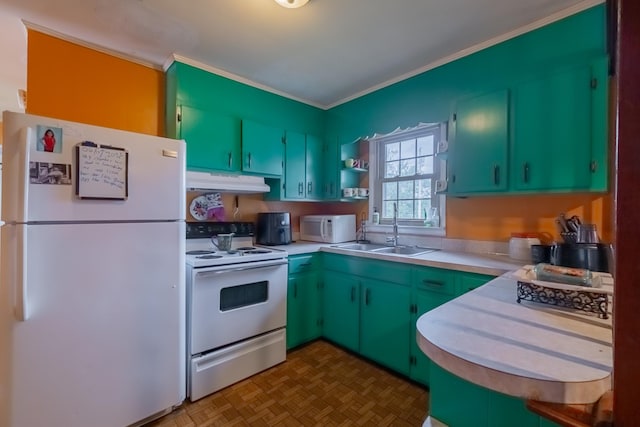 404 Mullican St, Mcminnville, TN 37110 - kitchen with white appliances, under cabinet range hood, crown molding, open shelves, and light countertops
