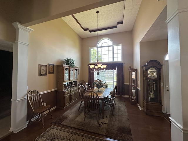 1239 Wentworth Dr, Gallatin, TN 37066 - dining room with a chandelier, a raised ceiling, a high ceiling, and dark wood-style flooring