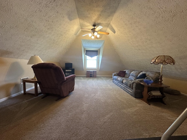 1239 Wentworth Dr, Gallatin, TN 37066 - living room with a textured ceiling, a ceiling fan, carpet flooring, and lofted ceiling