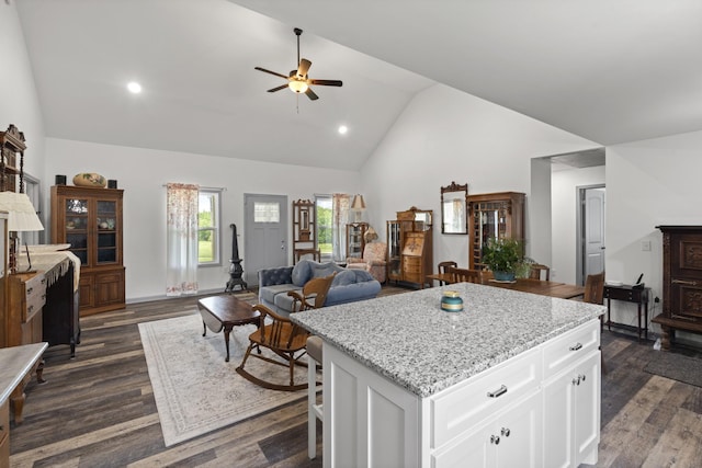 1072 Dugout Rd, Summertown, TN 38483 - kitchen featuring ceiling fan, high vaulted ceiling, open floor plan, light stone counters, and white cabinetry