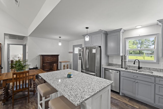 1072 Dugout Rd, Summertown, TN 38483 - kitchen with appliances with stainless steel finishes, gray cabinetry, dark wood-style flooring, and a center island