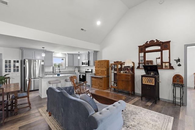 1072 Dugout Rd, Summertown, TN 38483 - living room featuring high vaulted ceiling and dark wood-type flooring