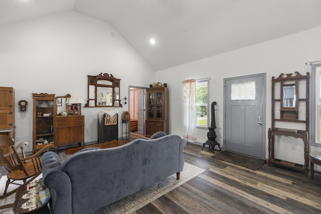 1072 Dugout Rd, Summertown, TN 38483 - living area with high vaulted ceiling, dark wood-type flooring, and recessed lighting