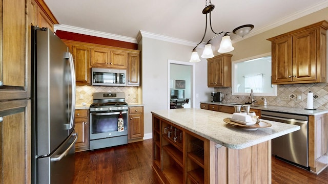 6300 Spera Pointe Xing, Hermitage, TN 37076 - kitchen featuring appliances with stainless steel finishes, backsplash, dark wood-style floors, brown cabinetry, and crown molding
