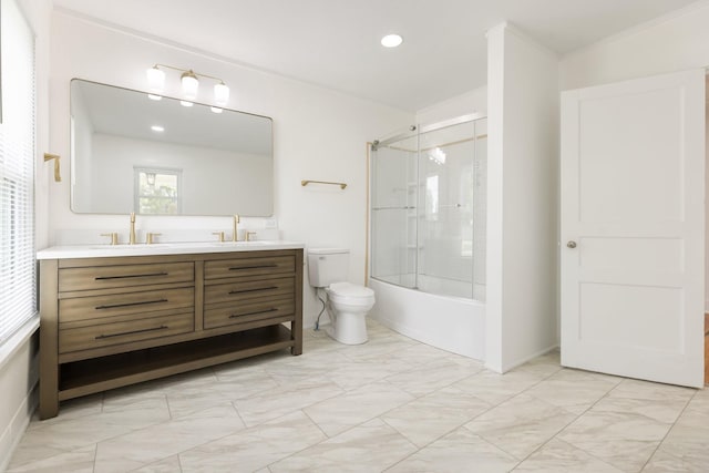 2108 Denham Ave, Columbia, TN 38401 - bathroom featuring marble finish floors, double vanity, bath / shower combo with glass door, and recessed lighting