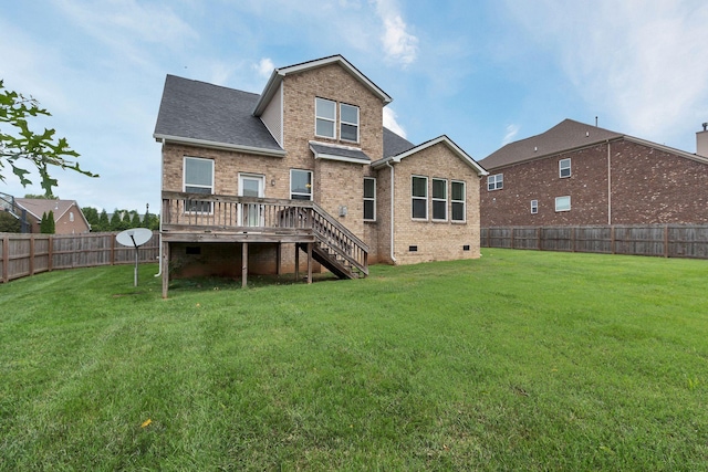 1060 Harvey Springs Dr, Spring Hill, TN 37174 - back of property with a fenced backyard, stairway, brick siding, a wooden deck, and crawl space