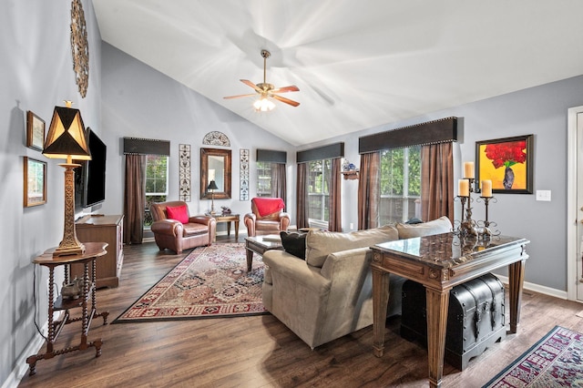 256 Granger View Cir, Franklin, TN 37064 - living room featuring plenty of natural light, a ceiling fan, wood finished floors, and high vaulted ceiling